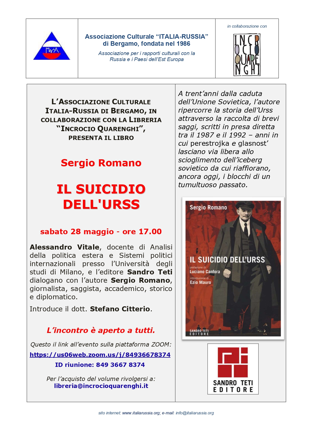 INCONTRO ONLINE organizzato da Italia-Russia | Presentazione del libro di Sergio Romano IL SUICIDIO DELL'URSS